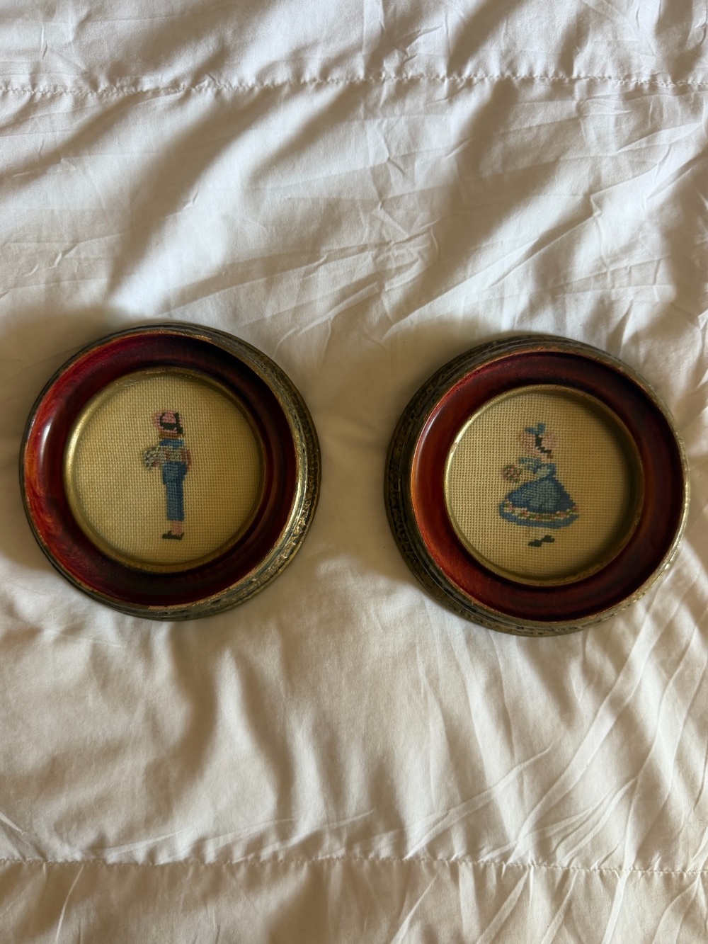 🪡 RARE Girl & Boy Antique Victorian Needlepoint Set with mcm Cherrywood Frames